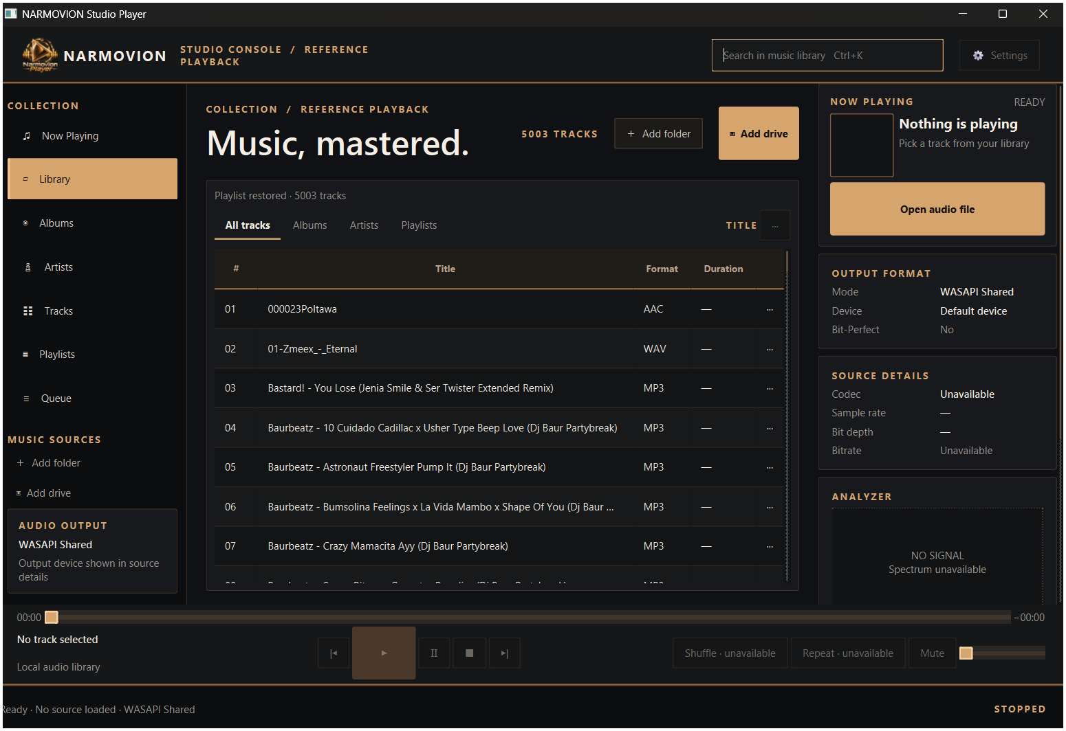 NARMOVION Studio Player window showing the music library, playlist, audio output and analyzer panel
