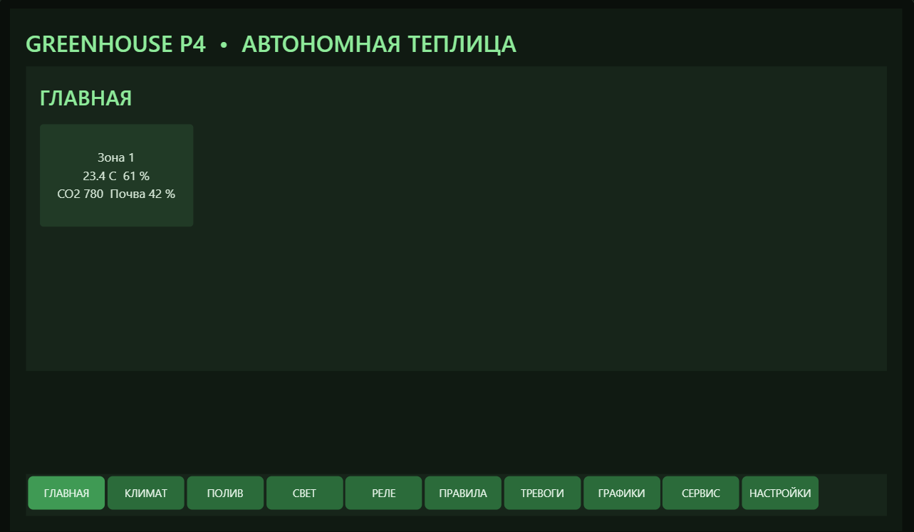 GreenHouse P4 — интерфейс контроллера теплицы