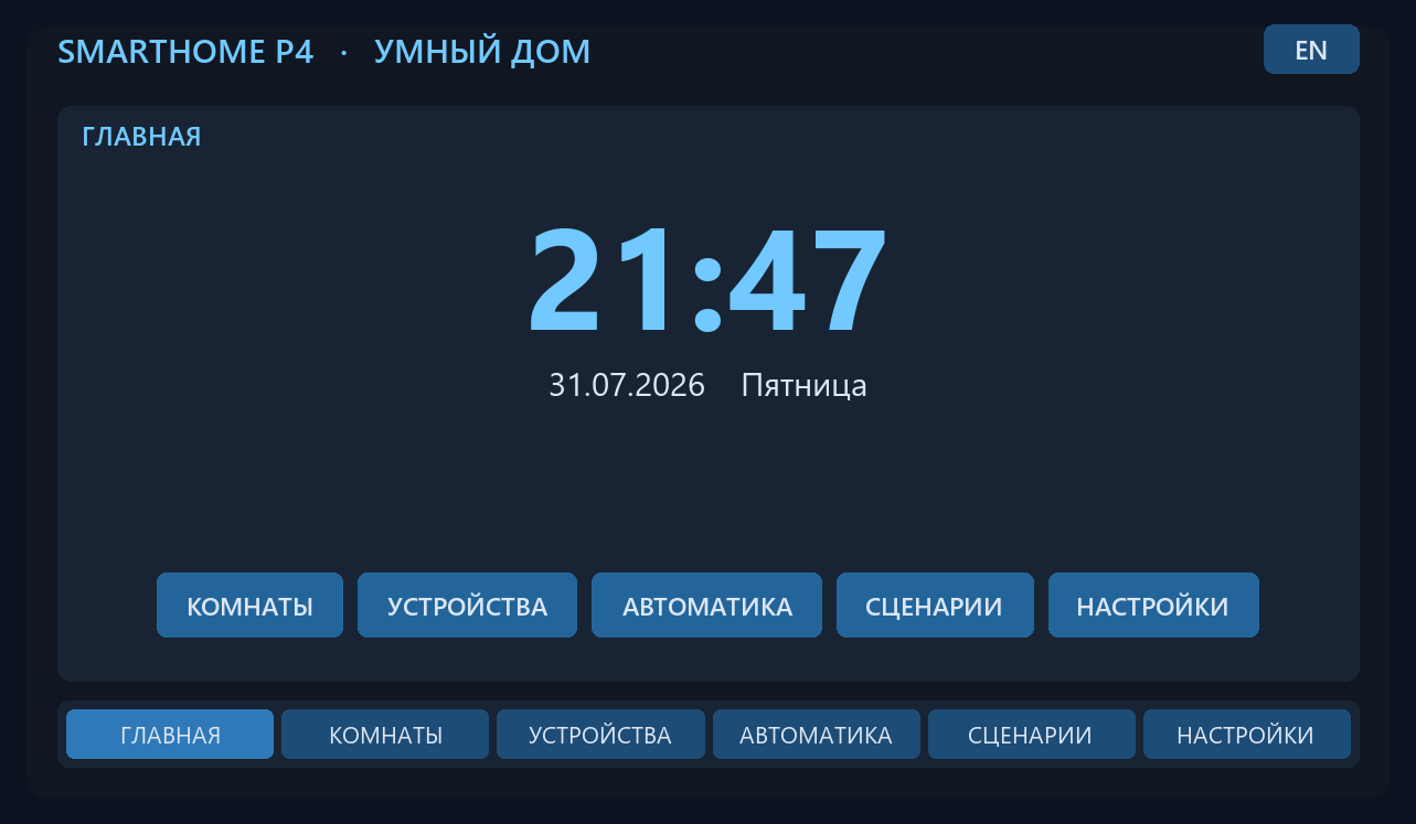 SmartHome P4 — главный экран контроллера умного дома
